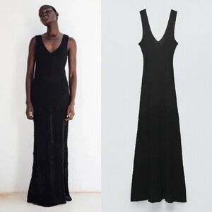 ZARA LONG V-NECK DRESS MIDI MAXI TANK DRESS CROCHET COVERUP BLACK SMALL 4770/151